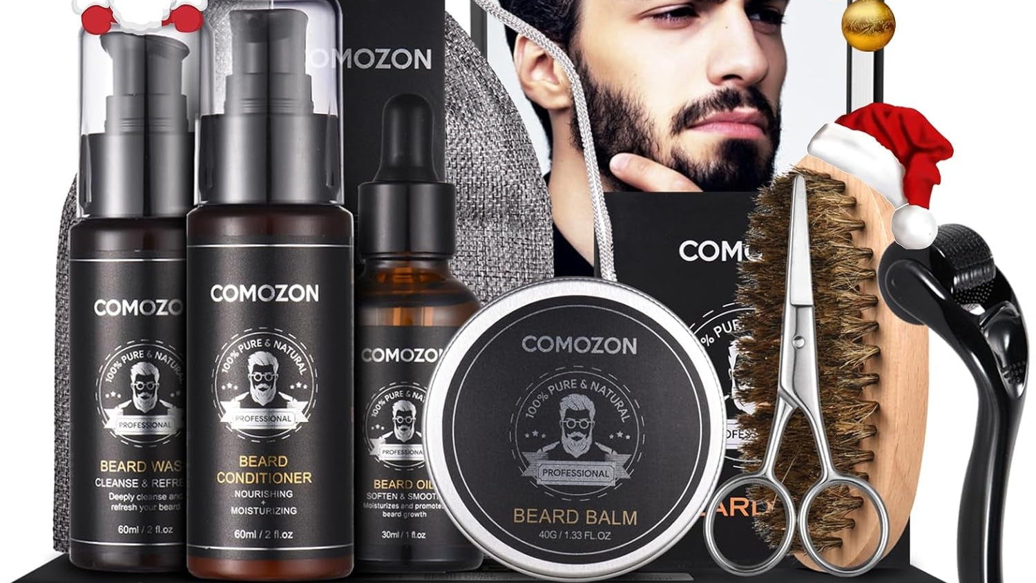 Kit Barbe Homme Complet 12 En 1, Kit De Soin Barbe Homme Avec Rouleau Barbe Contenir Huile Barbe, Shampoing Barbe,Crèmes De Barbe, Peigne Barbe,Ciseaux Barbe,Brosse À Barbe, Rasoir, 10 Lames Barbe